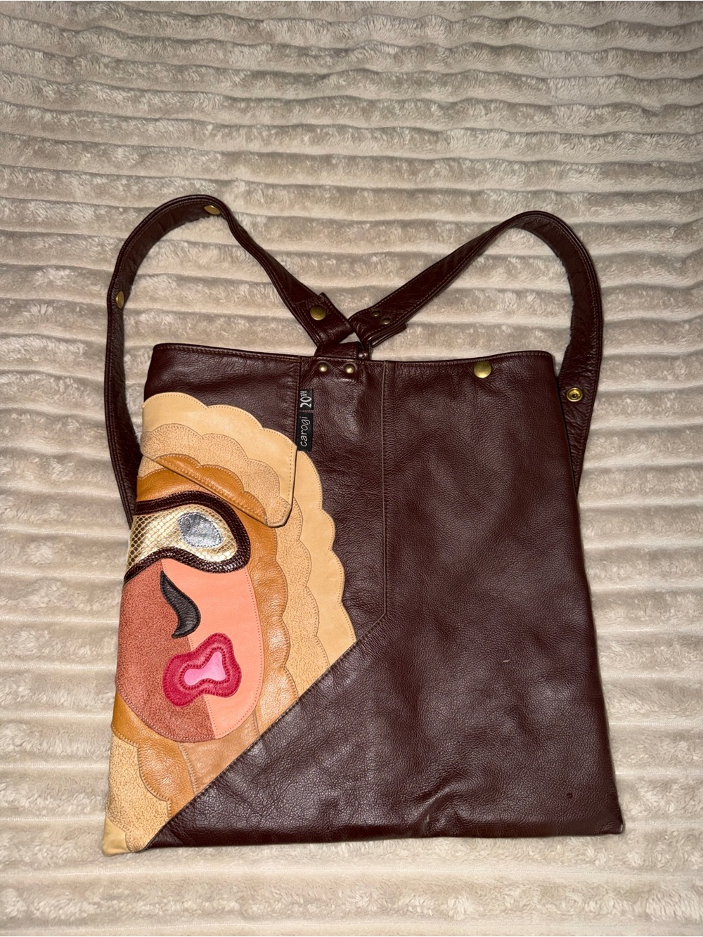 Brown Leather Shoulder Bag with Multicolor Face Appliqué